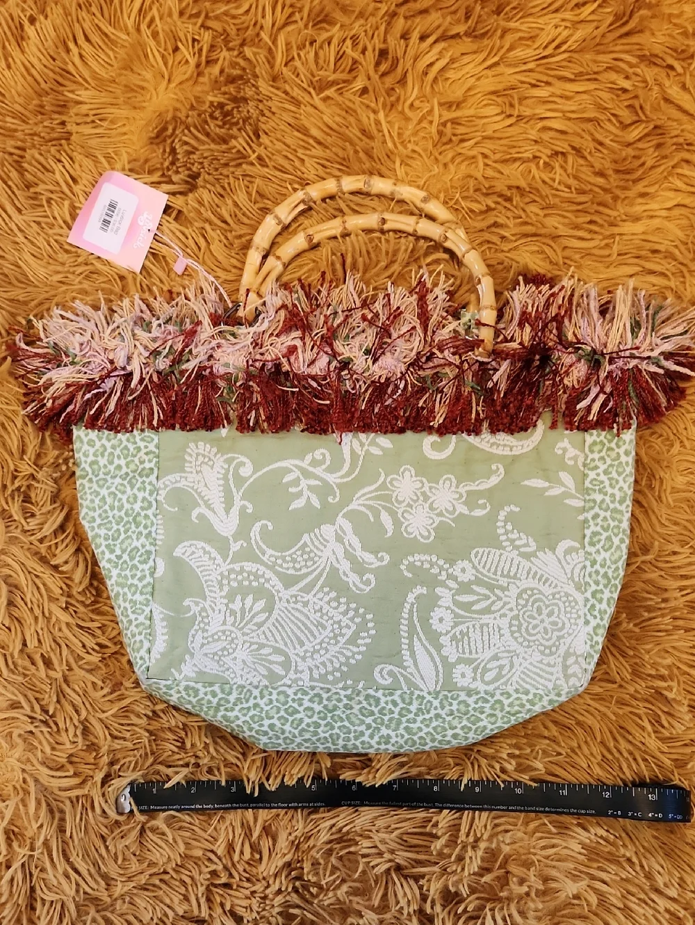 Vintage Handmade Pin Up Green Paisley Fringe Tote Bamboo Handles FINAL PRICE